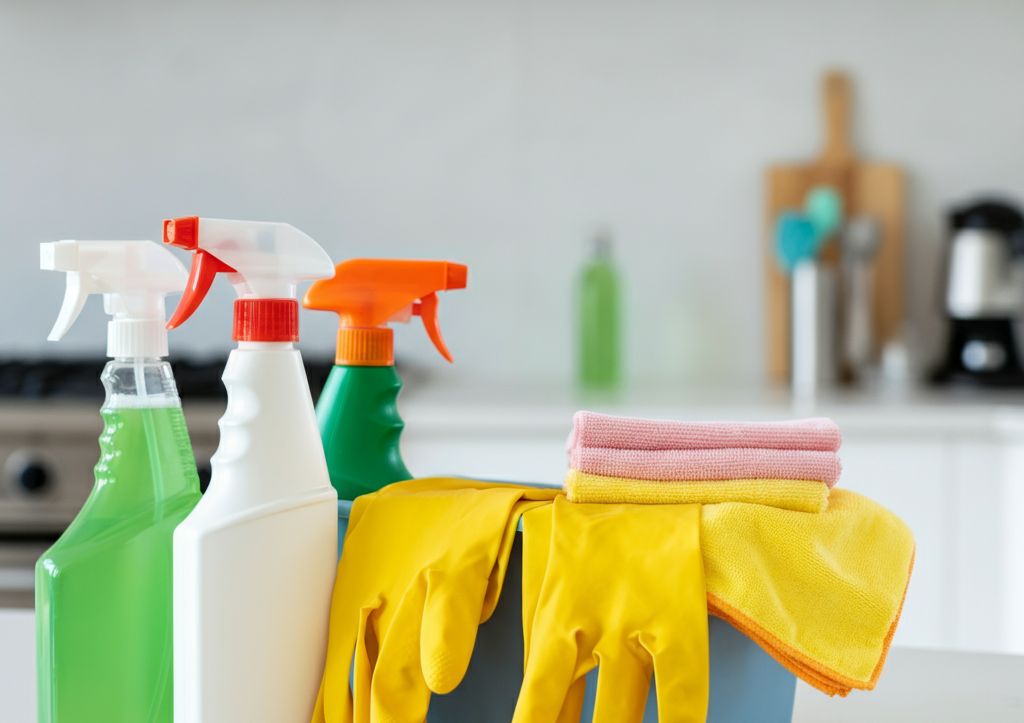 Deep Cleaning Services in Los Angeles: A plastic container filled with spray bottles, microfiber cloths, and yellow rubber gloves on a kitchen counter.